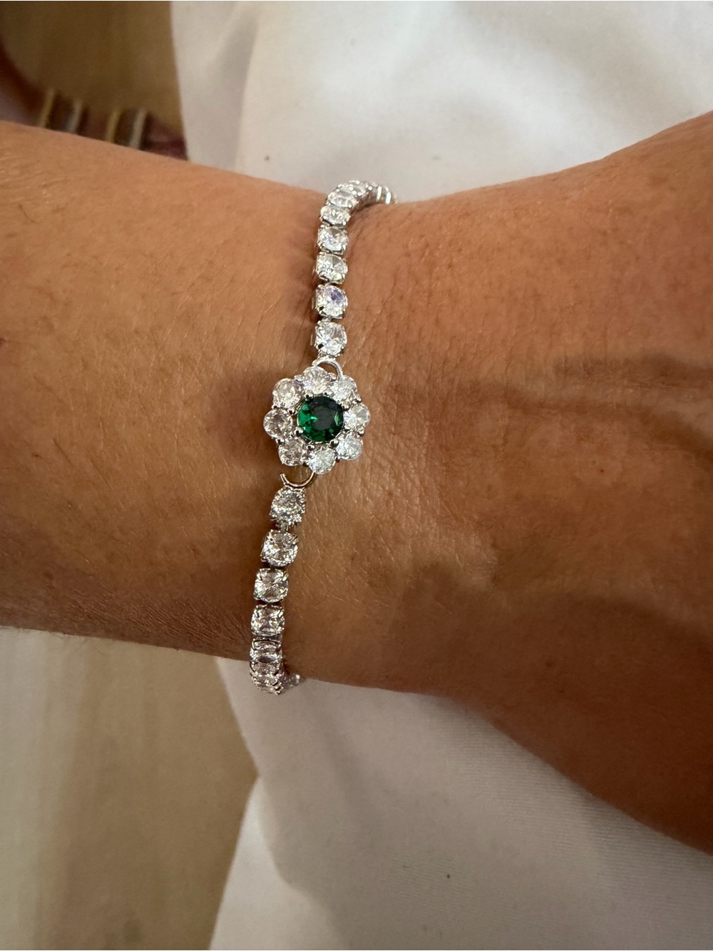 Emerald Centerpiece Tennis Bracelet - Silver Tone Women’s Bracelet